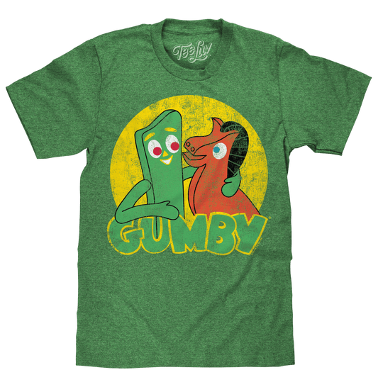 Green heather T-shirt with distressed claymation character graphic