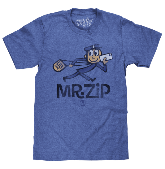 Light blue heather T-shirt with distressed Mr. Zip USPS mascot front graphic