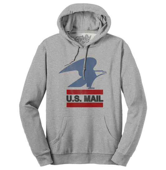Oxford gray pullover hoodie with USPS eagle and U.S. MAIL graphic on front