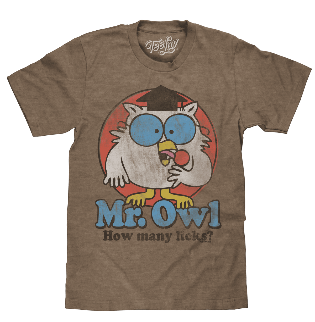 Brown graphic T-shirt with owl illustration and “How many licks?” text