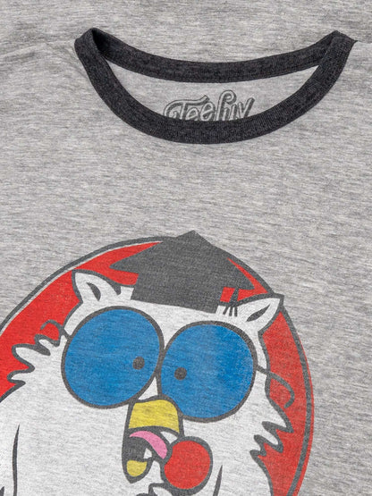Gray heather ringer T-shirt neckline and owl face graphic in red and blue