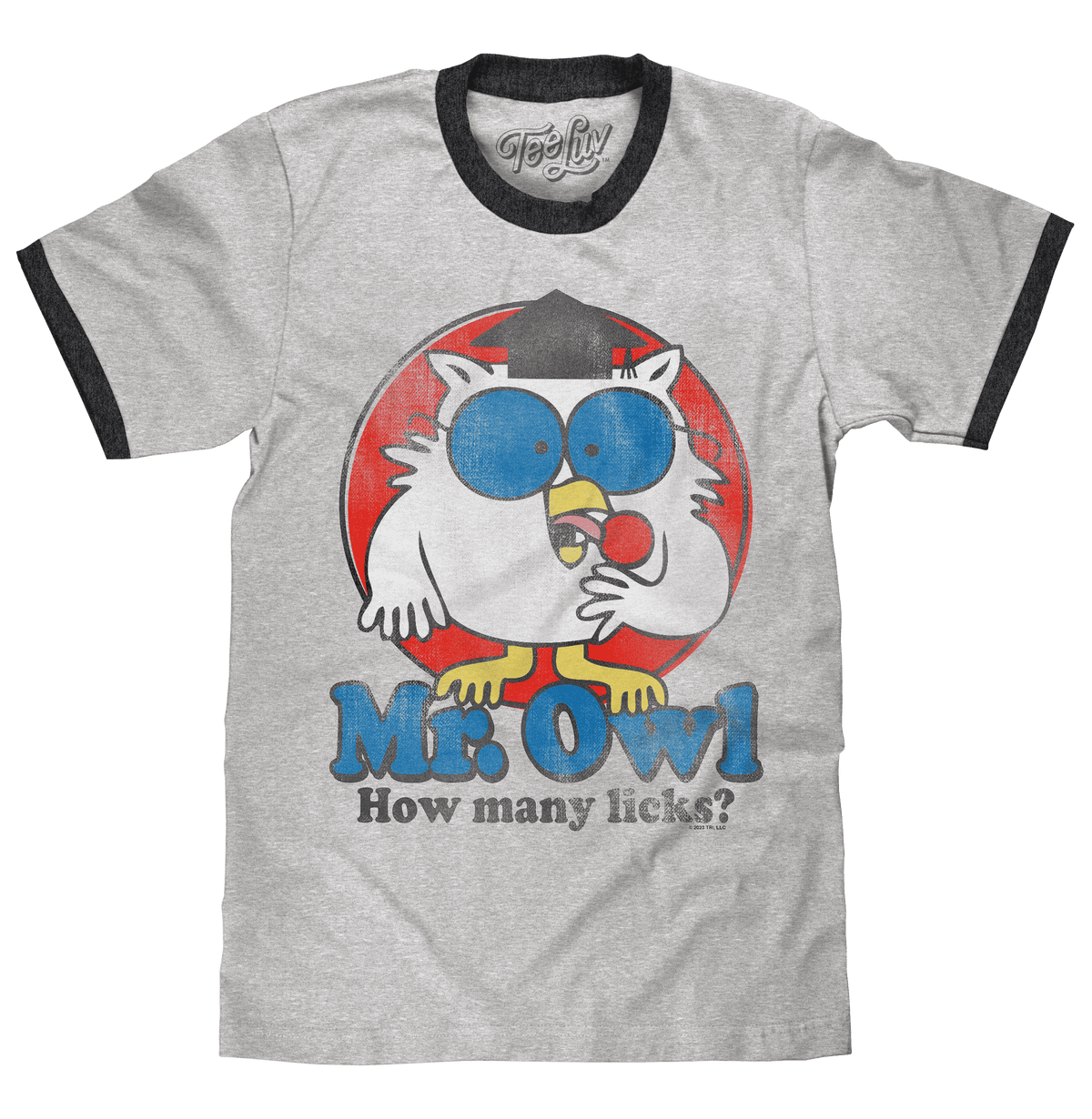 Gray heather ringer T-shirt with owl graphic and "How many licks?" text