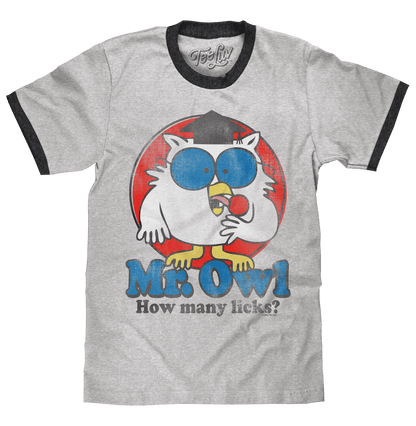 Gray heather ringer T-shirt with owl graphic and "How many licks?" text