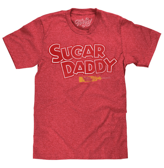 Red heather T-shirt with distressed “Sugar Daddy” logo and pop graphic