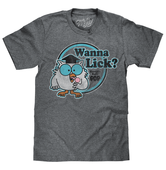 Gray T-shirt with distressed owl graphic and “Wanna Lick?” text