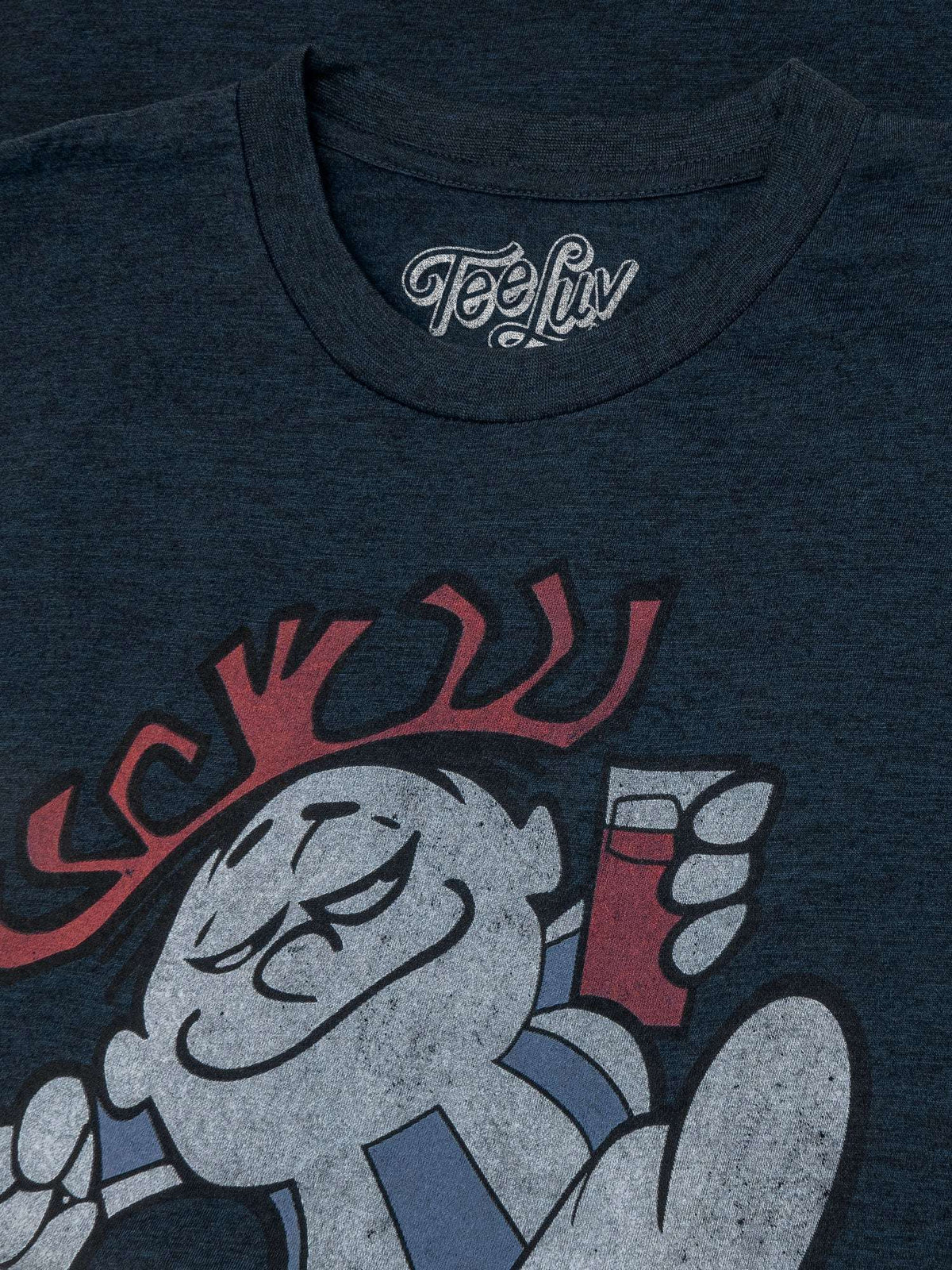 Dark navy T-shirt neckline with TeeLuv logo and Hawaiian Punch character graphic