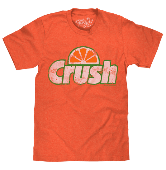 Orange heather graphic T-shirt with distressed 'Crush' logo and citrus slice front