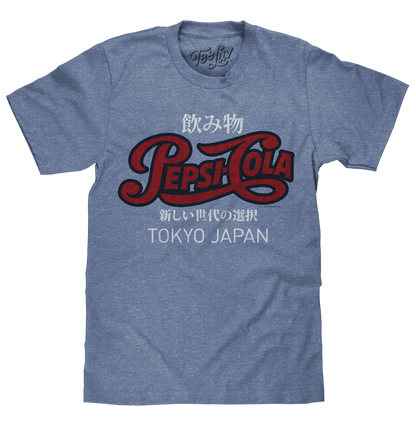 Light blue heather crew-neck T-shirt with Pepsi Cola Tokyo Japan front graphic