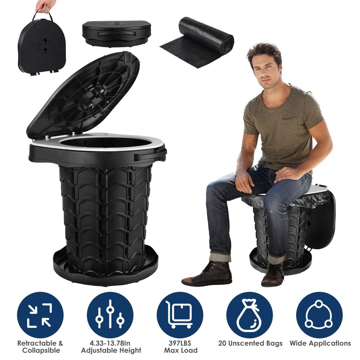 Adjustable portable toilet with ribbed collapsible body and hinged lid