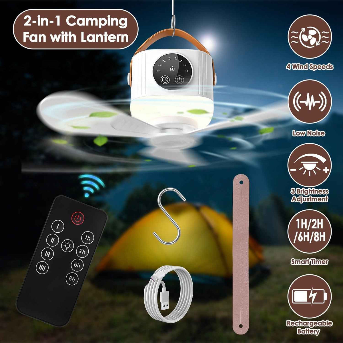 Rechargeable Tent Ceiling Fan with LED Light & Remote