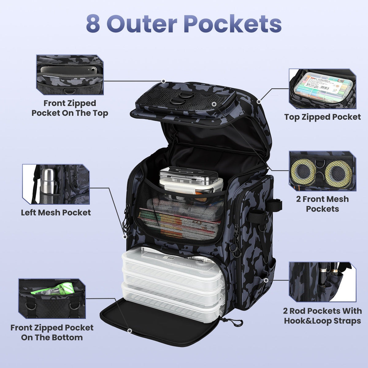 LakeForest Fishing Backpack – 42L, 16 Pockets, Dual Rod Holders & 8 D-Rings | 900D Polyester | 14.96"x9.06"x18.9" | Camo
