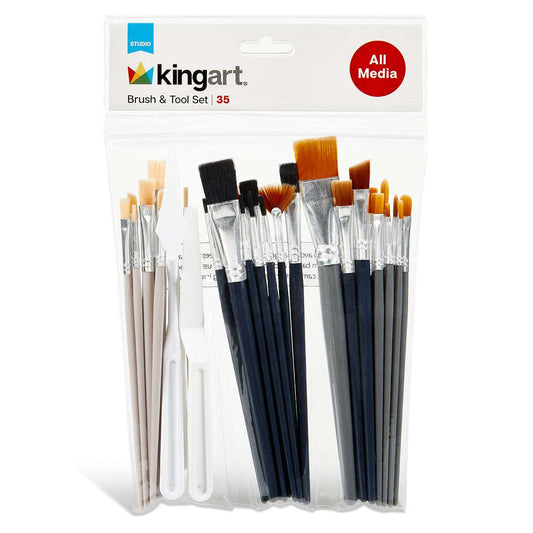 All-media painting brush tool set in clear package; mixed round and flat brush tips