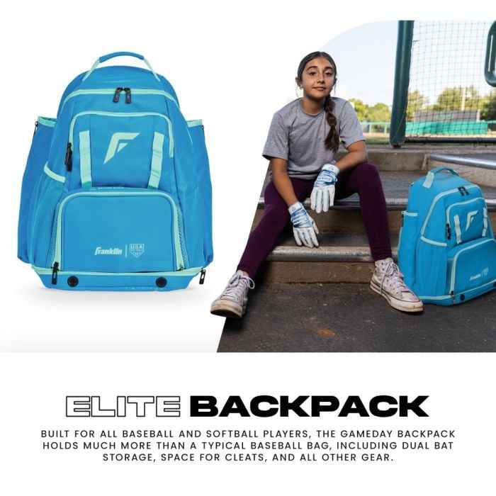 Franklin Sports USA SB Gameday Fastpitch Softball Backpack | Dual Bat Sleeves | Blue/Mint | 18"×12.5"×9"