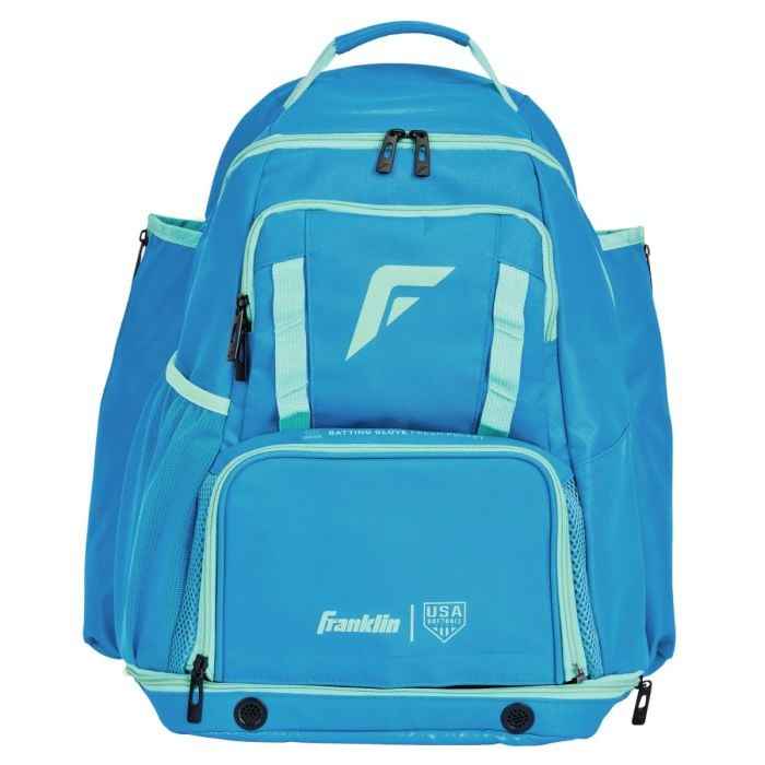 Franklin Sports USA SB Gameday Fastpitch Softball Backpack | Dual Bat Sleeves | Blue/Mint | 18"×12.5"×9"
