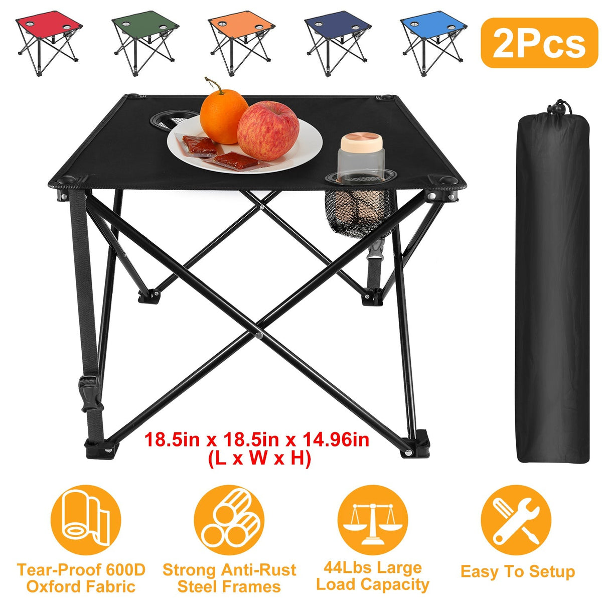 LakeForest Folding Camping Table with 2 Cup Holders – 600D Oxford, 44 lb Capacity | 18.5"x18.5" | 2.2 lbs | 1-Pc & 2-Pc Sets