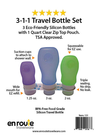 En Route Travelware TSA-Approved Travel Bottle Set | 3-Pack Squeezable Silicone | 1.25, 2 & 3 oz