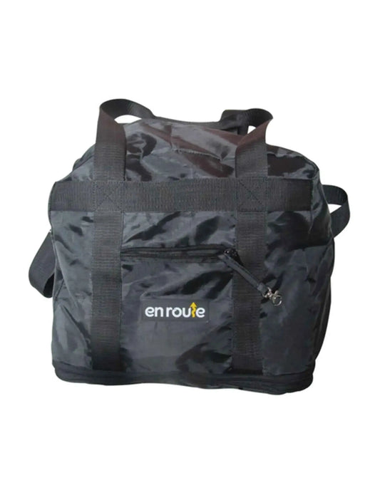 Dark gray travel bag with handles, side straps, and front zip pocket