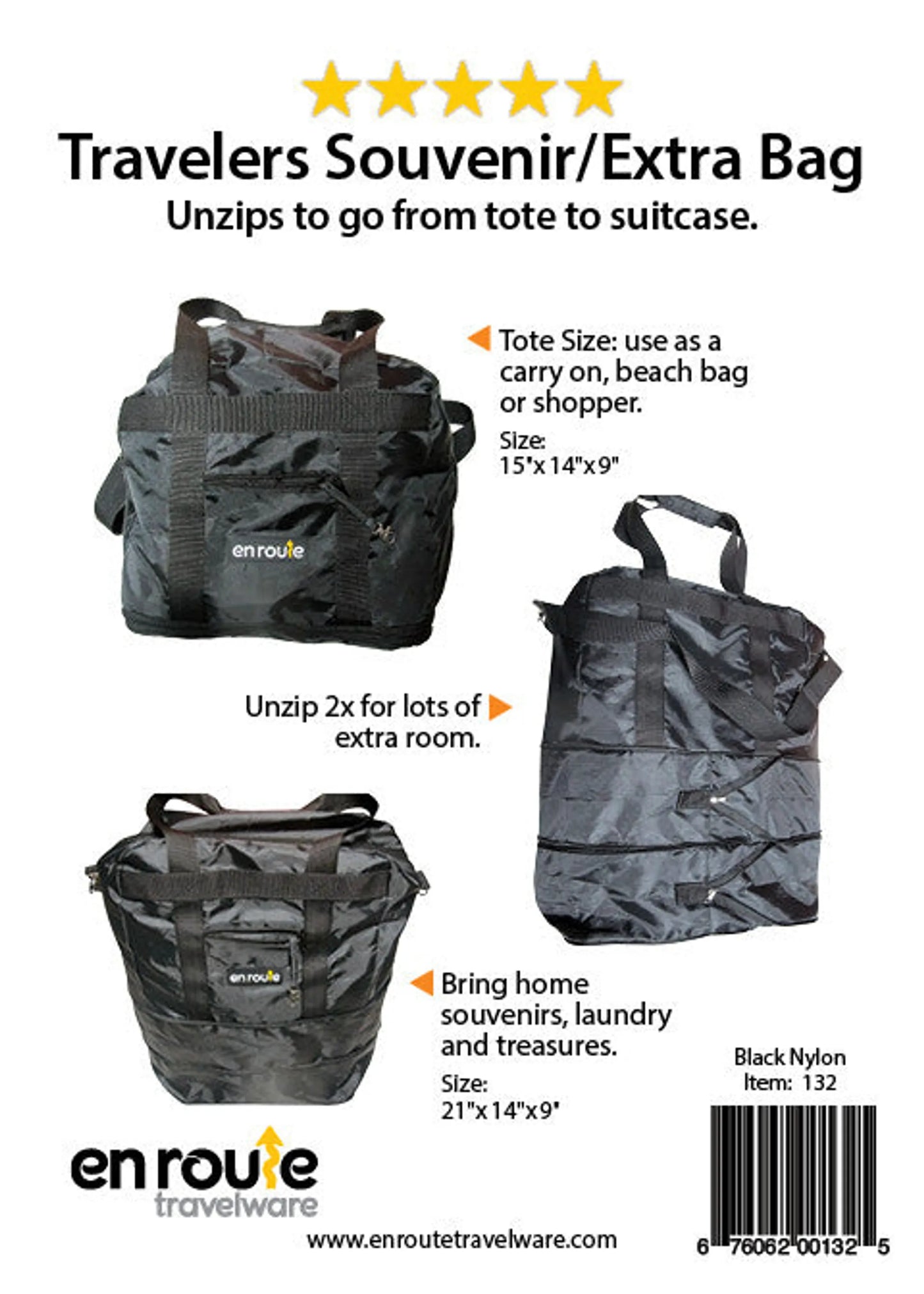 En Route Travelware Expandable Travel Bag | Packable Ripstop Nylon Souvenir Tote