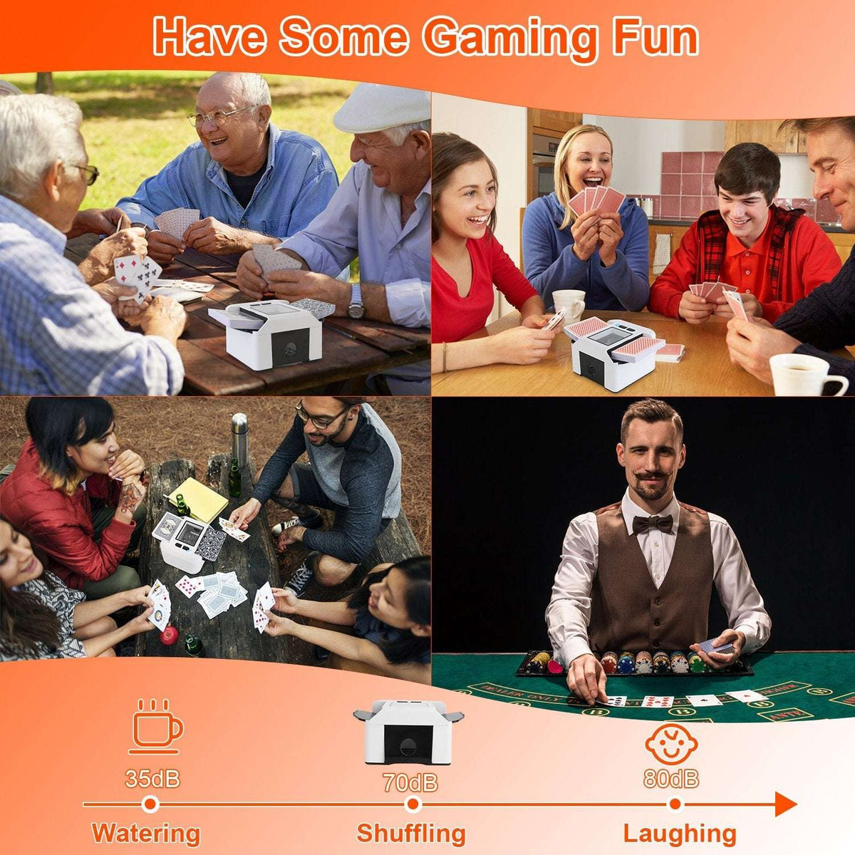 Card shuffler on a game table with multiple people playing and shuffling cards