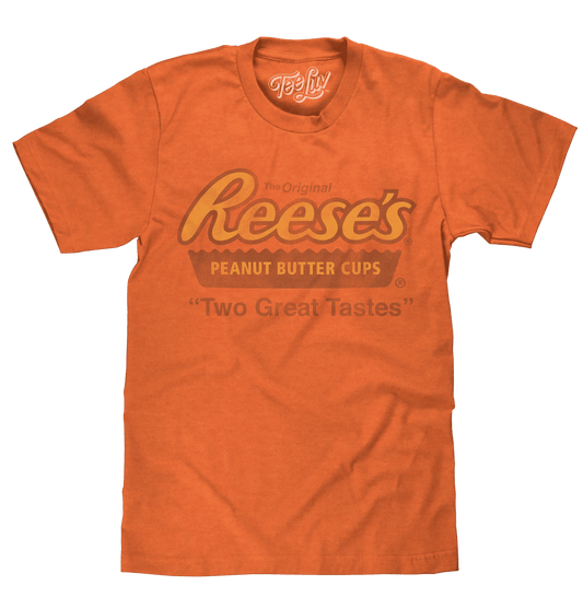 Orange heather T-shirt with Reese's peanut butter cups graphic and “Two Great Tastes”