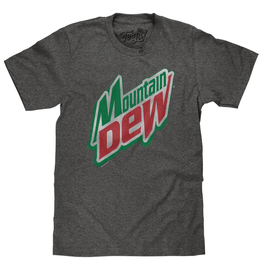 Graphite heather T-shirt with distressed Mountain Dew logo graphic