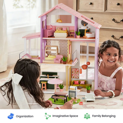 Tiny Land Sweetwood Edge Wooden Dollhouse - 48pc Green & Pink