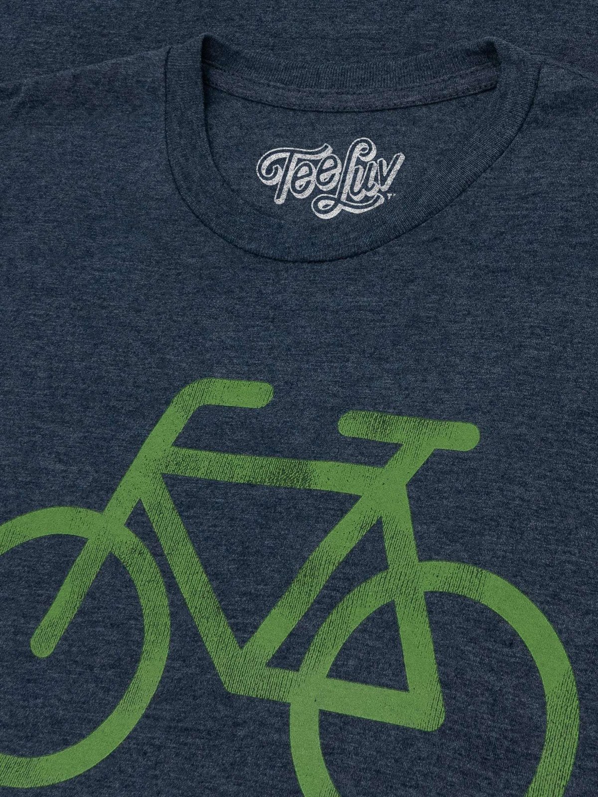 Blue T-shirt with green bicycle graphic detail and TeeLiv logo on crew neckline