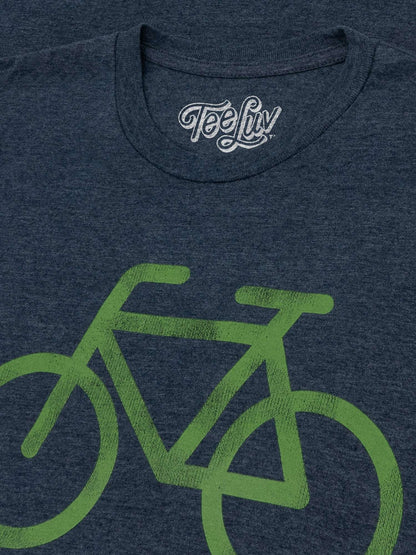 Blue T-shirt with green bicycle graphic detail and TeeLiv logo on crew neckline