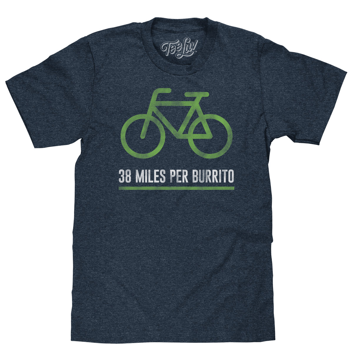 Blue cycling T-shirt with green bike graphic and '38 Miles Per Burrito' text