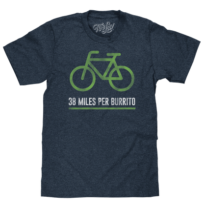 Blue cycling T-shirt with green bike graphic and '38 Miles Per Burrito' text