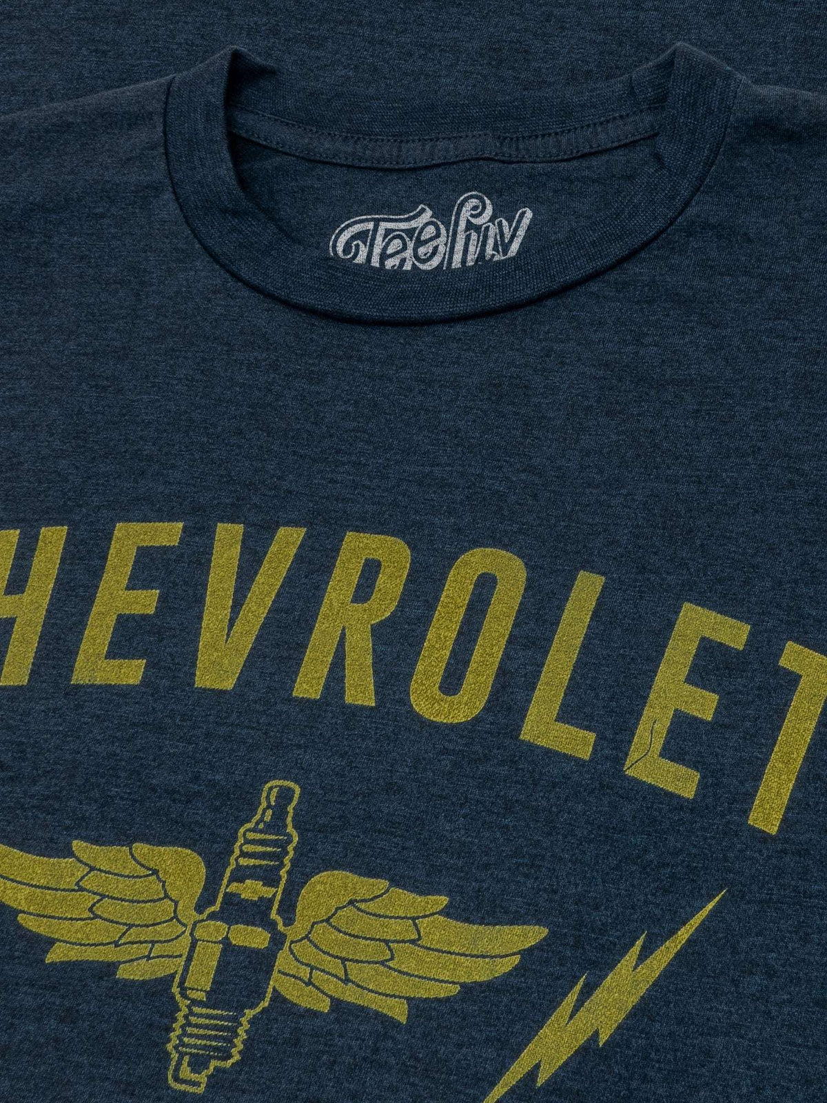 Navy heather T-shirt with large Chevrolet wordmark and eagle emblem