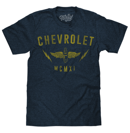 Navy heather T-shirt with Chevrolet MCMXI eagle graphic on front