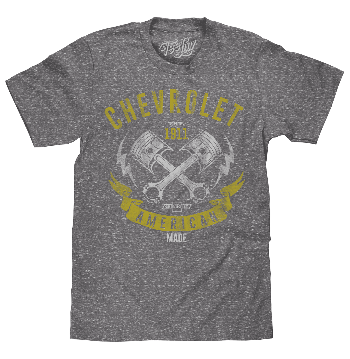 Gray graphic Chevrolet T-shirt with car emblems, crossed tools, and yellow “American Made” text