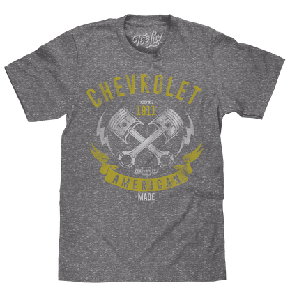 Gray graphic Chevrolet T-shirt with car emblems, crossed tools, and yellow “American Made” text