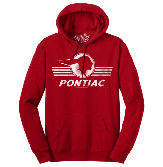 Red Pontiac logo pullover hoodie with hood and front graphic