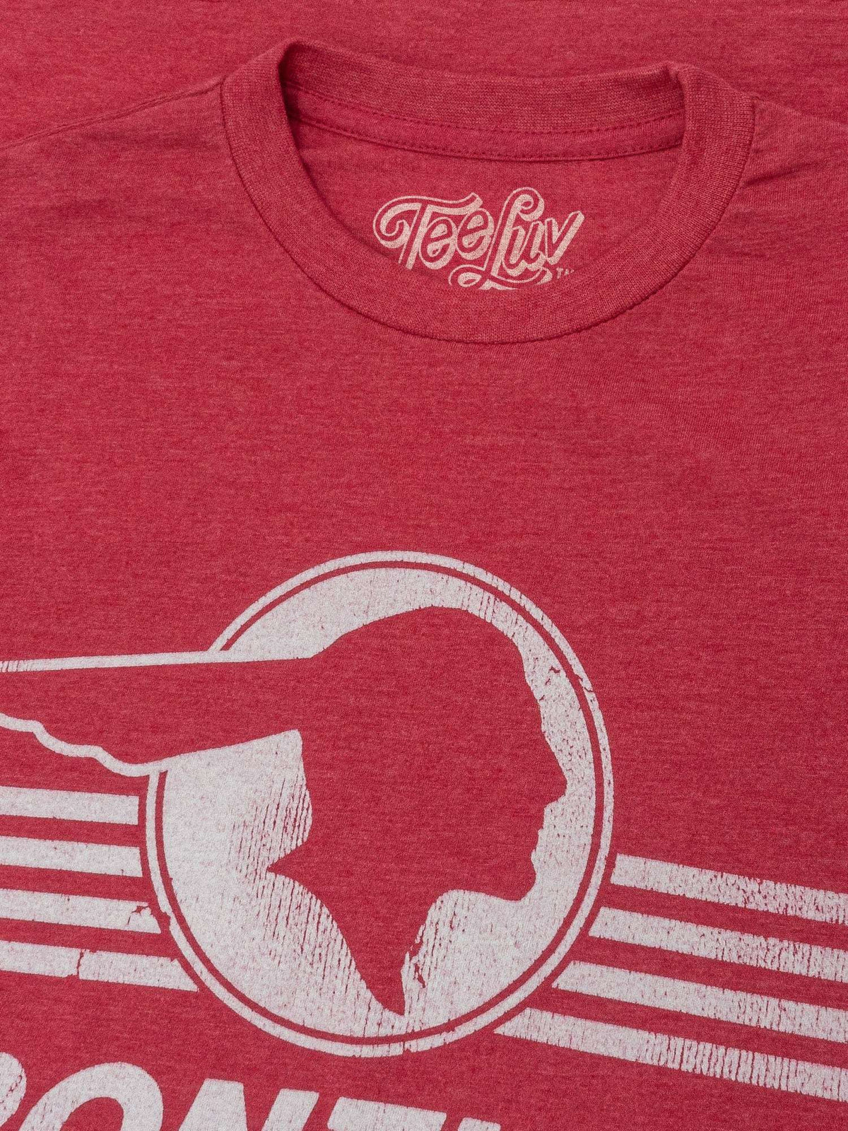 Red T-shirt with Pontiac head logo and horizontal stripes graphic (distressed print)