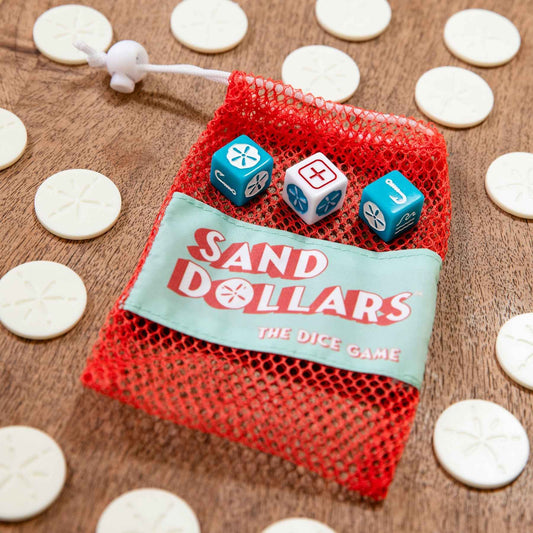 Sand Dollars dice game pouch in red mesh with logo patch and blue cube dice