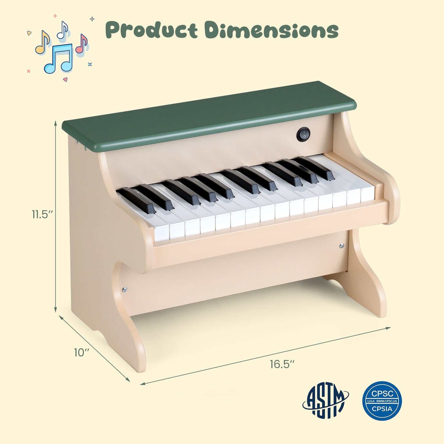 Kids Wooden Piano Keyboard | 25 Keys | Removable Music Stand | ASTM & CPSIA | No Assembly | Green