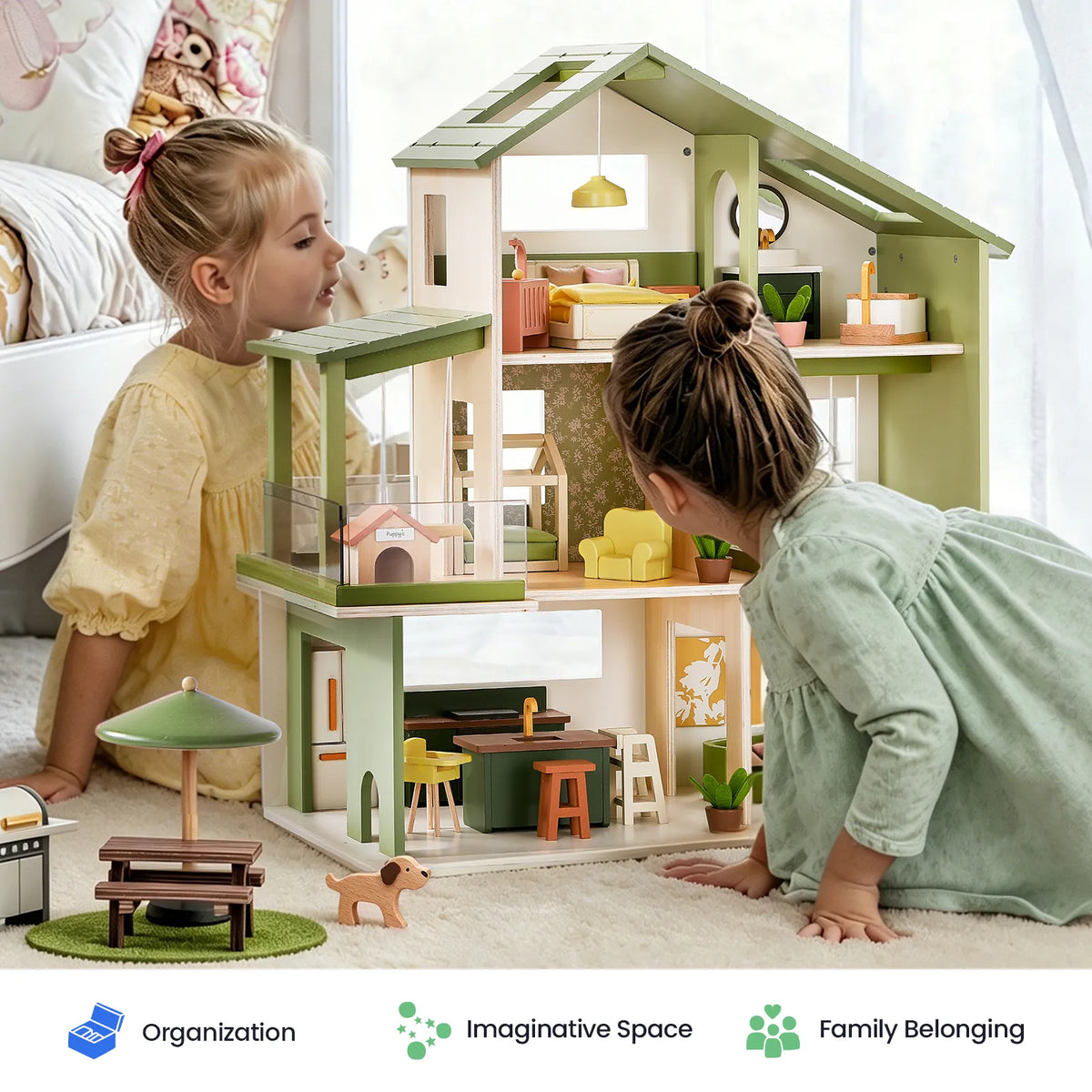 Tiny Land Sweetwood Edge Wooden Dollhouse - 48pc Green & Pink