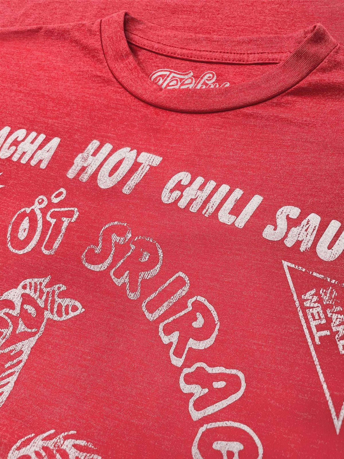 Red heather T-shirt with crew neck and partial hot chili graphic text