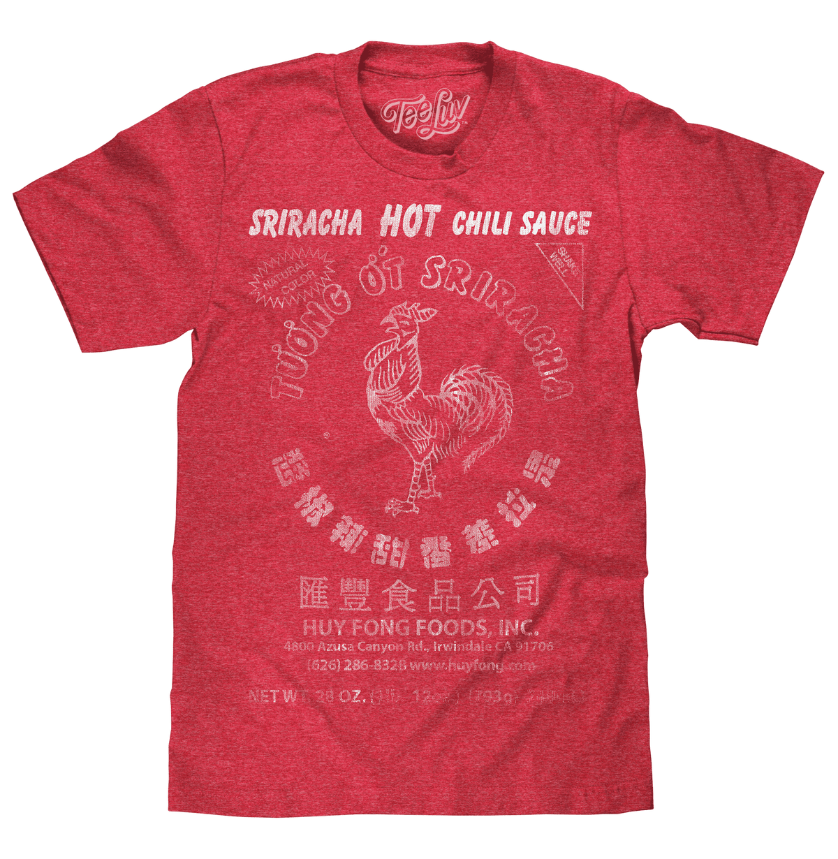 Red Sriracha graphic T-shirt with rooster print, crew neck, short sleeves