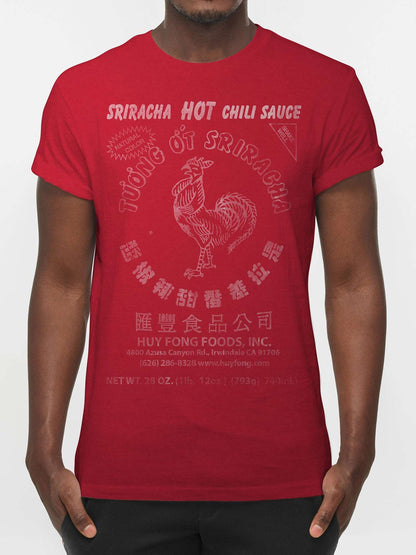 Red Sriracha hot chili sauce T-shirt worn by model, crew neck, short sleeves