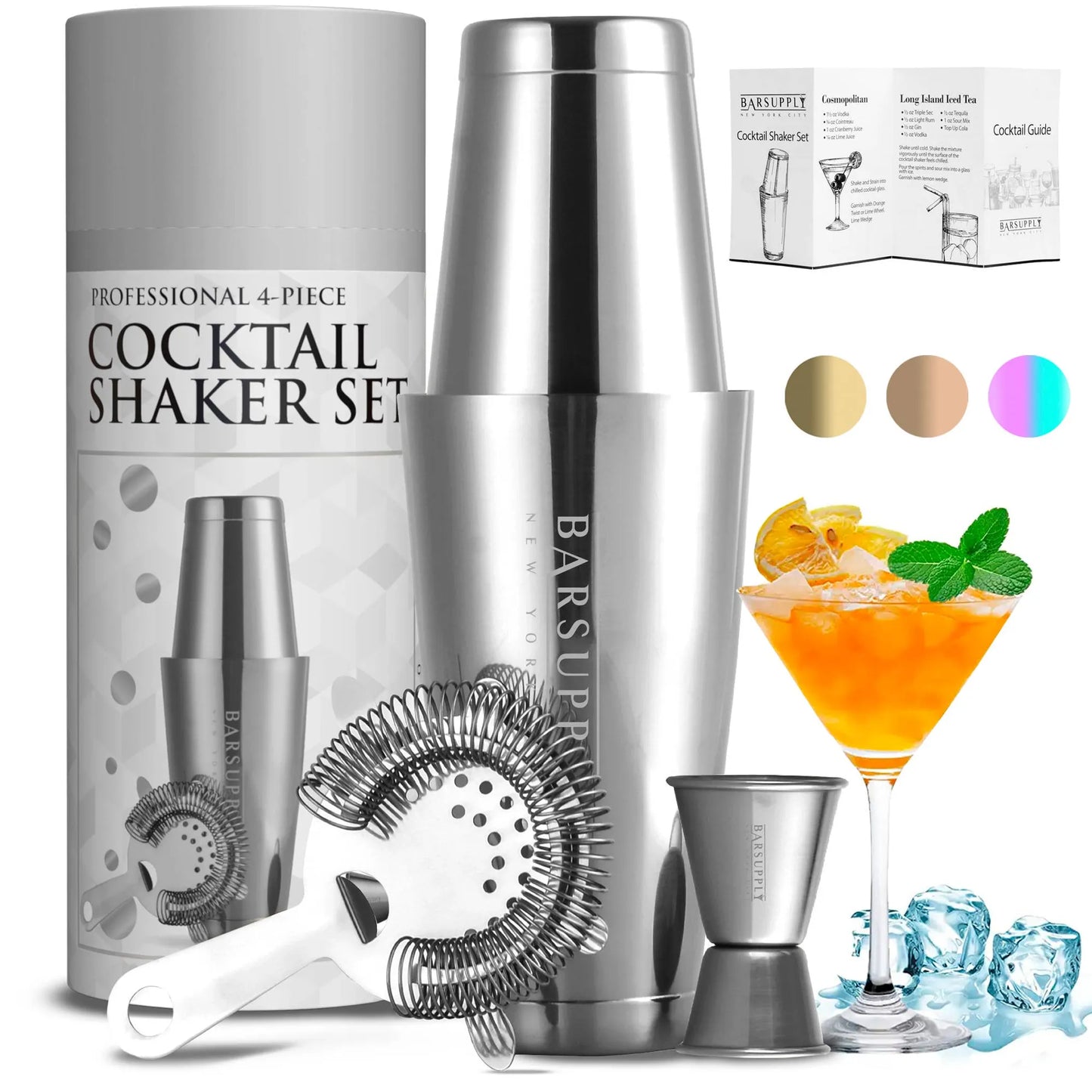 Professional Boston Cocktail Shaker Set – 4-Piece Stainless Steel | Silver, Gold, Copper