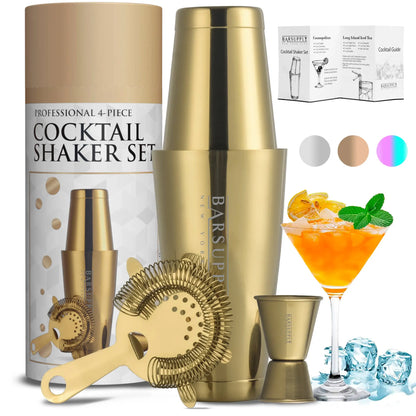 Professional Boston Cocktail Shaker Set – 4-Piece Stainless Steel | Silver, Gold, Copper