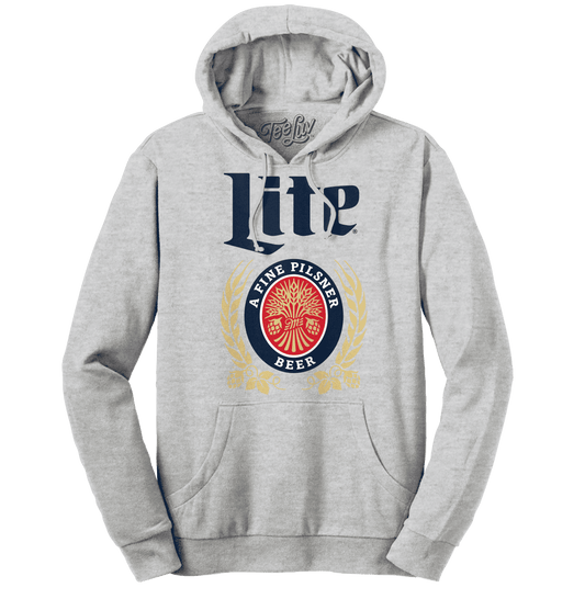 Heather gray pullover hoodie with large “Lite” logo and beer emblem
