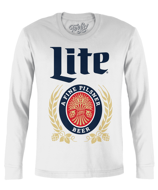 White long-sleeve T-shirt with large Life beer logo graphic on chest