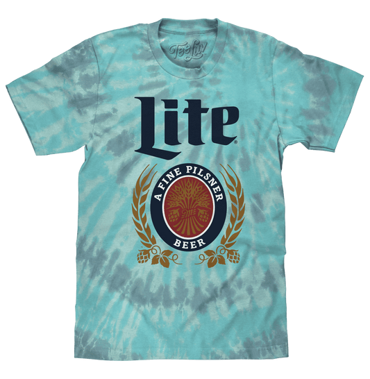 Aqua tie-dye T-shirt with large 'Lite' logo and beer emblem graphic