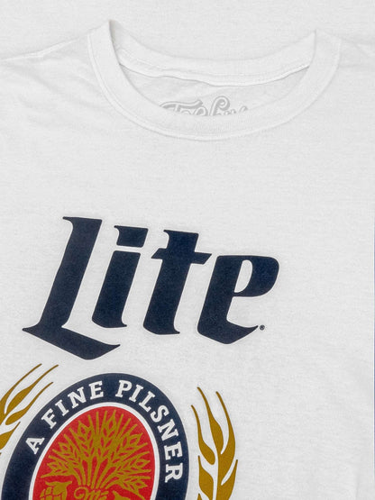 White T-shirt close-up of Lite logo and Fine Pilsner Beer emblem