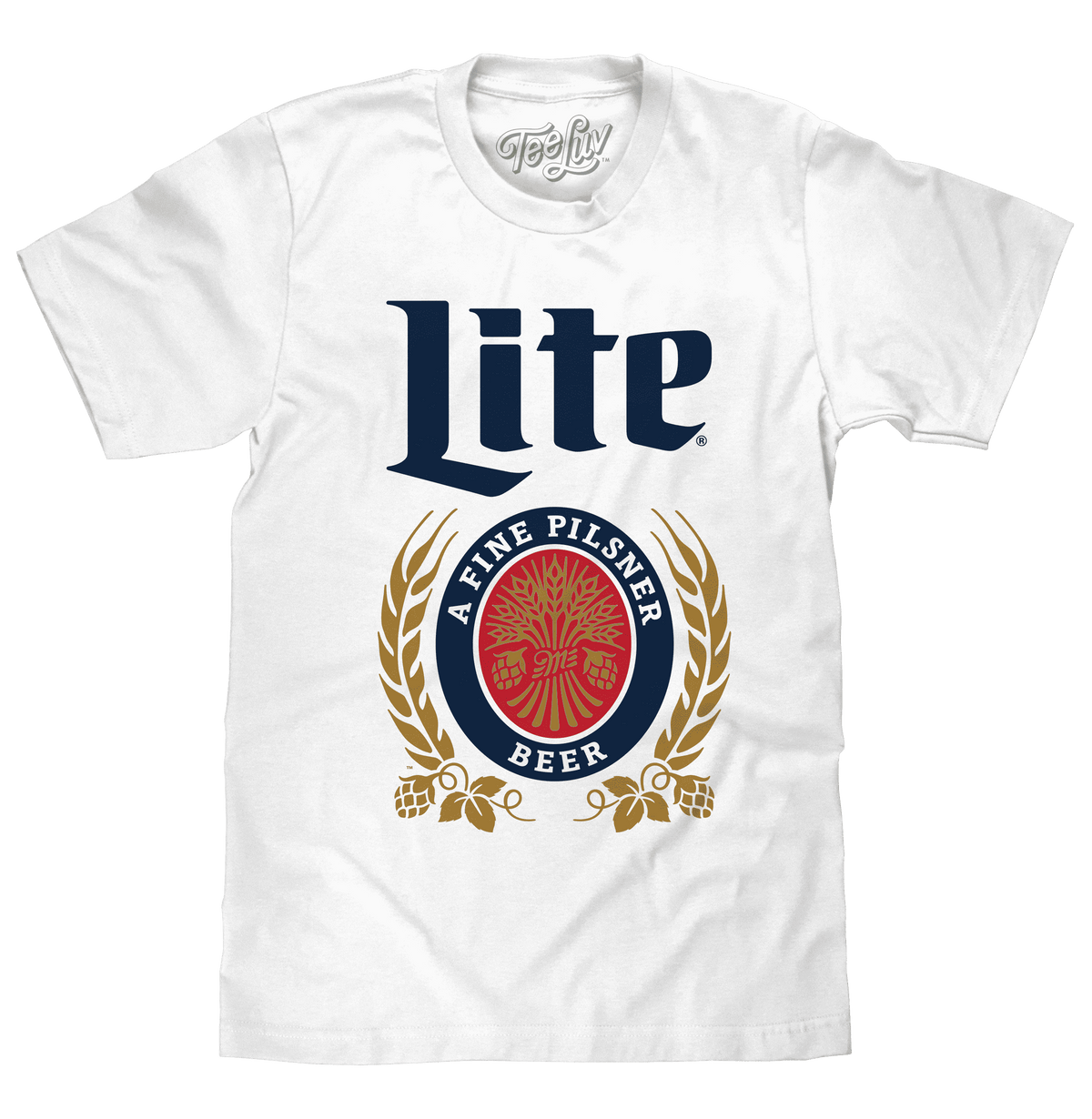 White T-shirt with large Lite logo and fine pilsner badge graphic on front