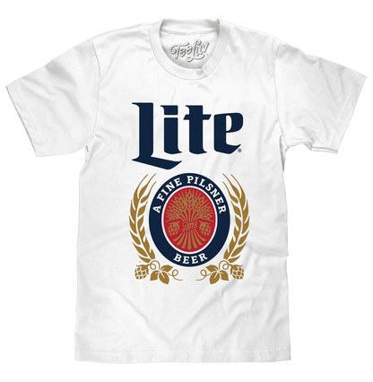 White T-shirt with large Lite logo and fine pilsner badge graphic on front